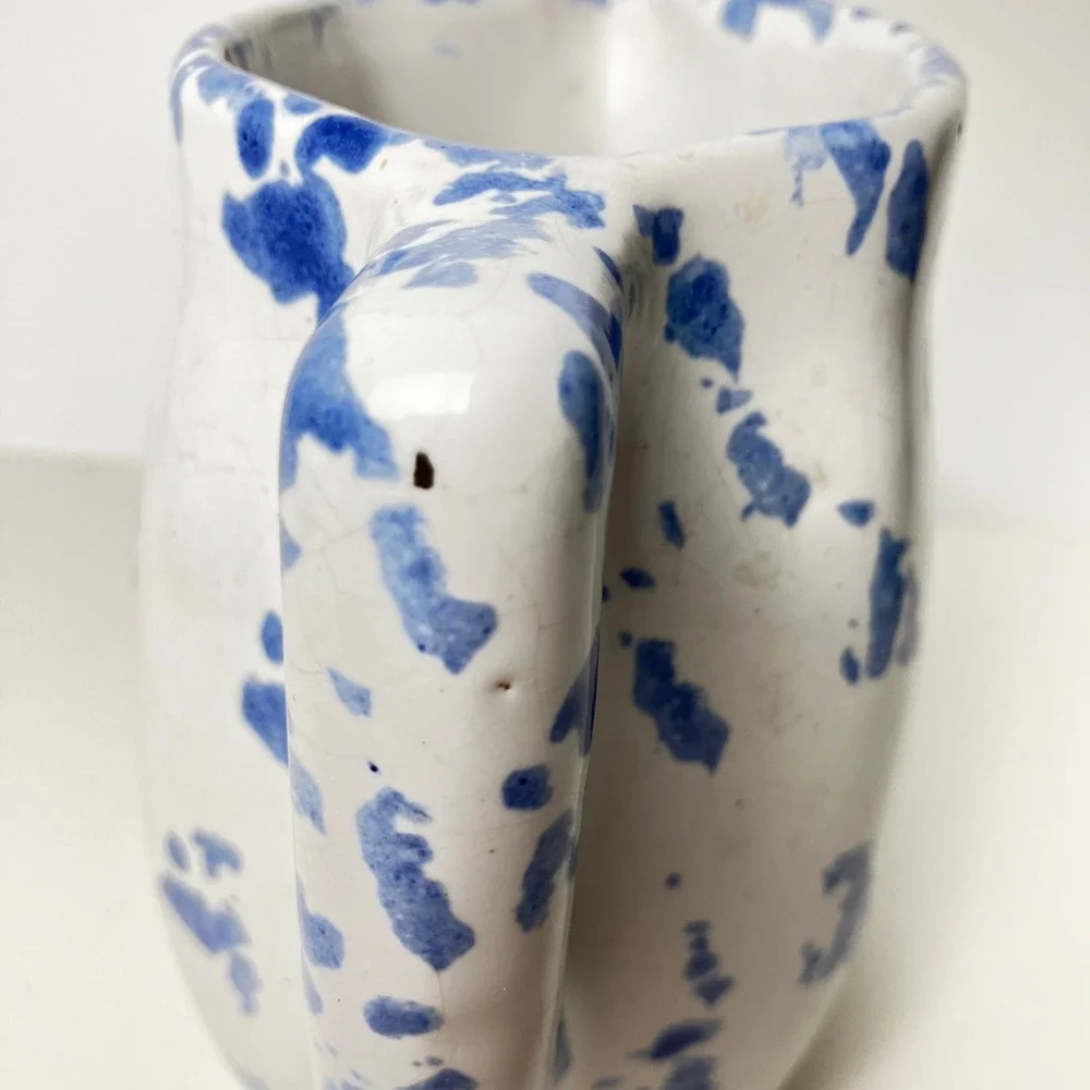 Bybee Pottery Pitcher Creamer 6in White Blue Spongeware Vintage Kentucky BB
